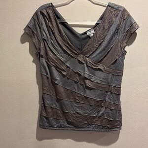 Women's Striped V-Neck Top - Gray and Brown